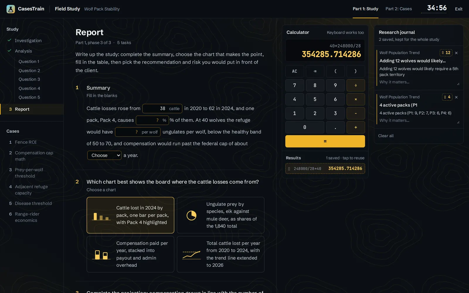 Field Study report screen: a fill-in summary, a chart choice, the calculator and the research journal